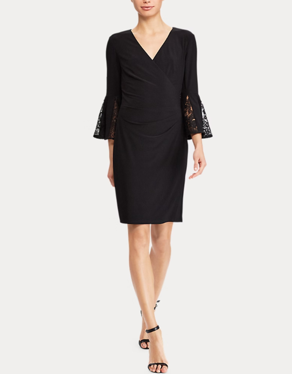 Lauren Ralph Lauren Black Jersey Faux-Wrap Bell-Sleeve Dress Sz 12 LBD Cocktail